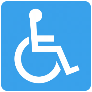 A blue square with a white graphic symbol of a person sitting in a wheelchair, representing accessibility for individuals with disabilities.